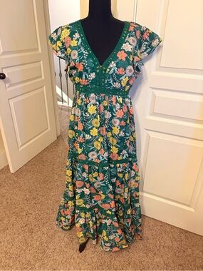 Green Floral Midi V neck Dress